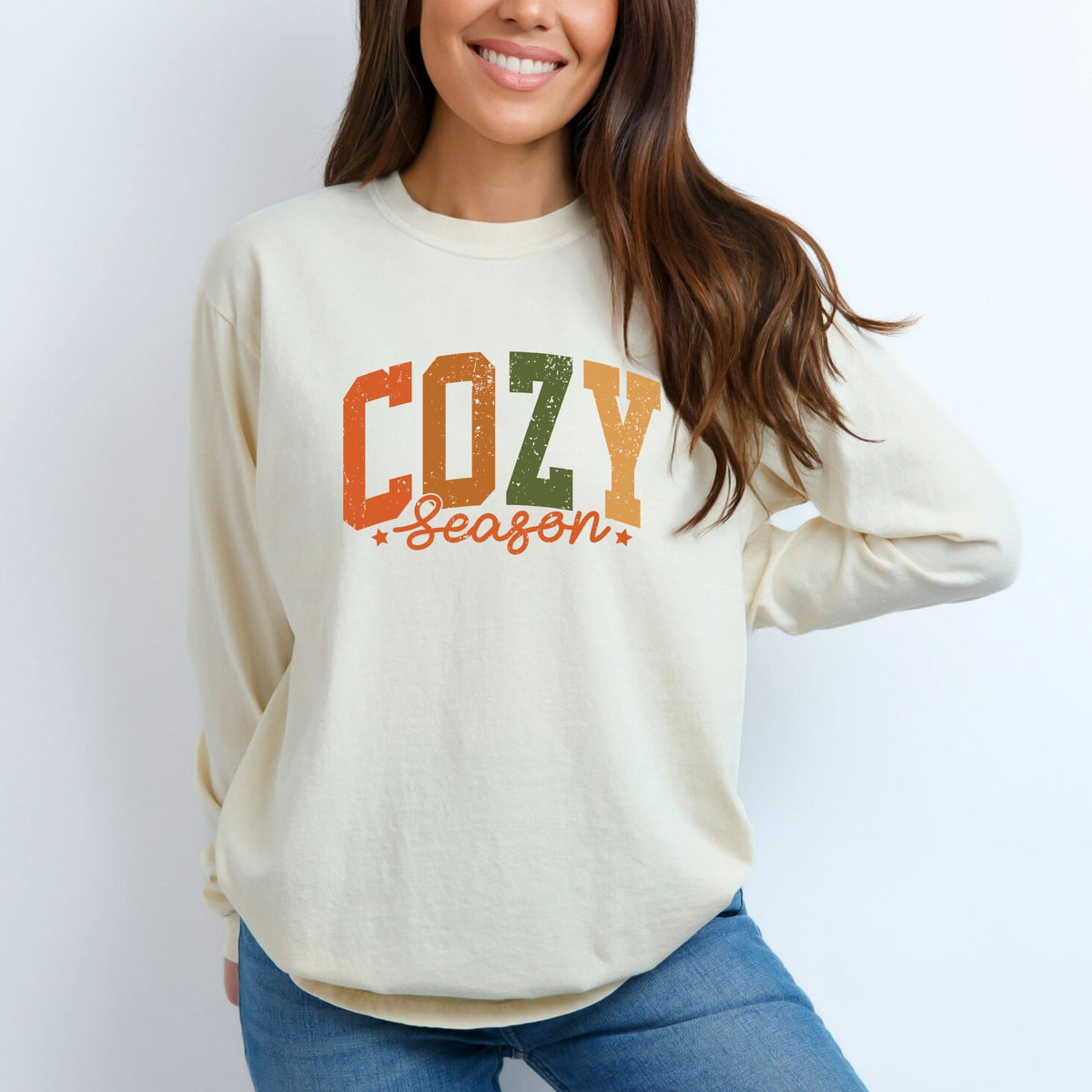 Cozy Season Multi - Women's Garment Dyed Long Sleeve Graphic T-Shirt