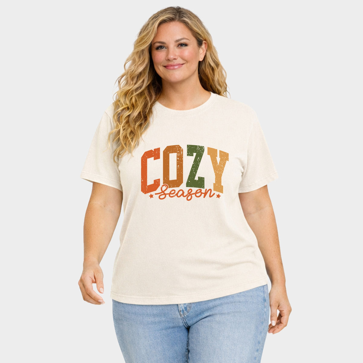 Cozy Season Multi - Women's Plus Sized Garment Dyed Graphic T-Shirt