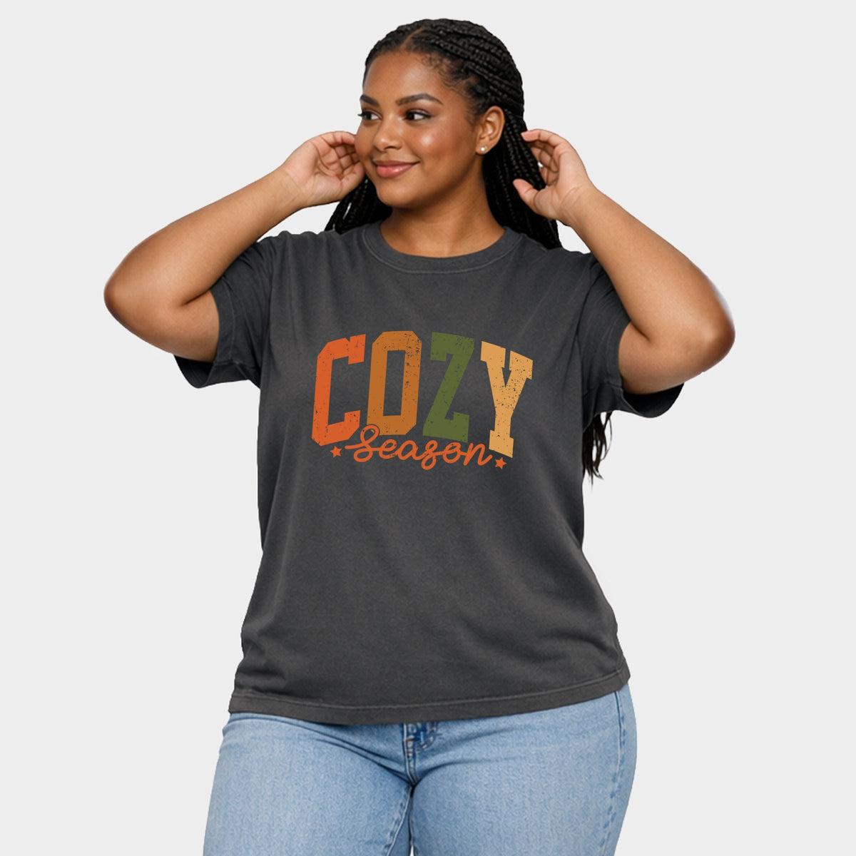 Cozy Season Multi - Women's Plus Sized Garment Dyed Graphic T-Shirt