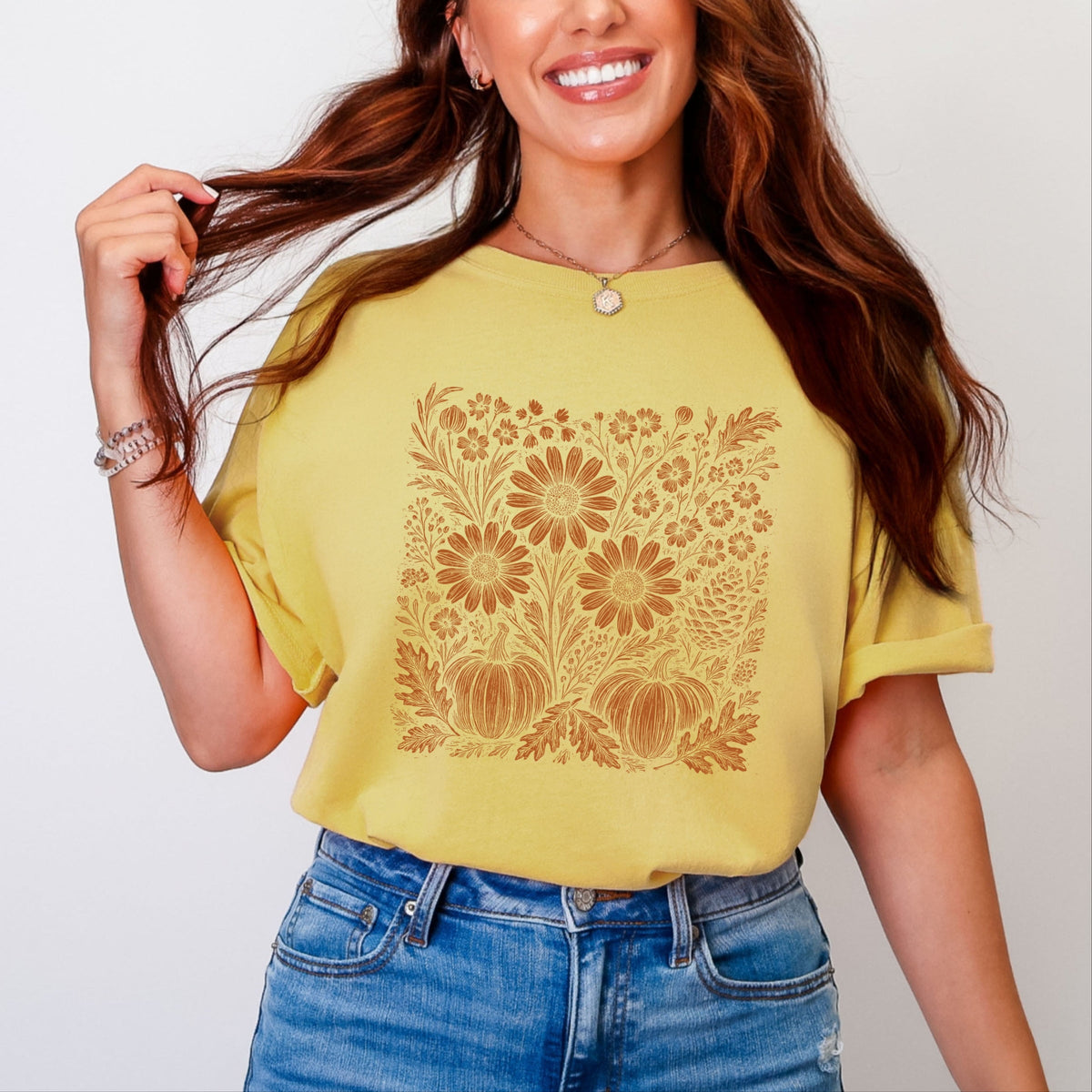 Sunflower Pumpkin Leaves - Women's Garment Dyed Graphic T-Shirt