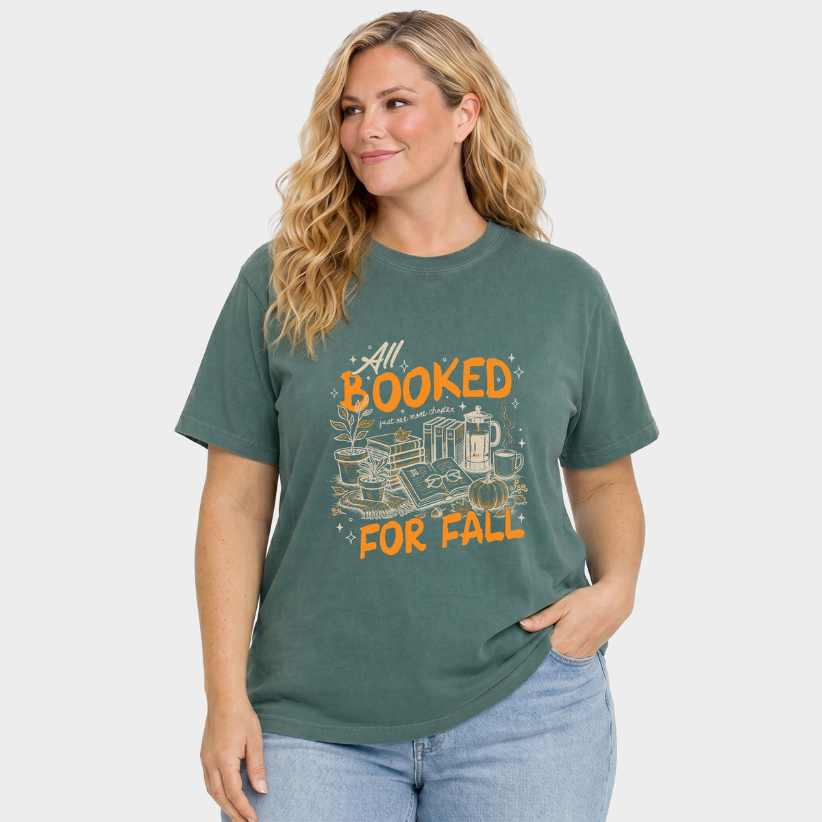 All Booked For Fall - Women's Plus Sized Garment Dyed Graphic T-Shirt
