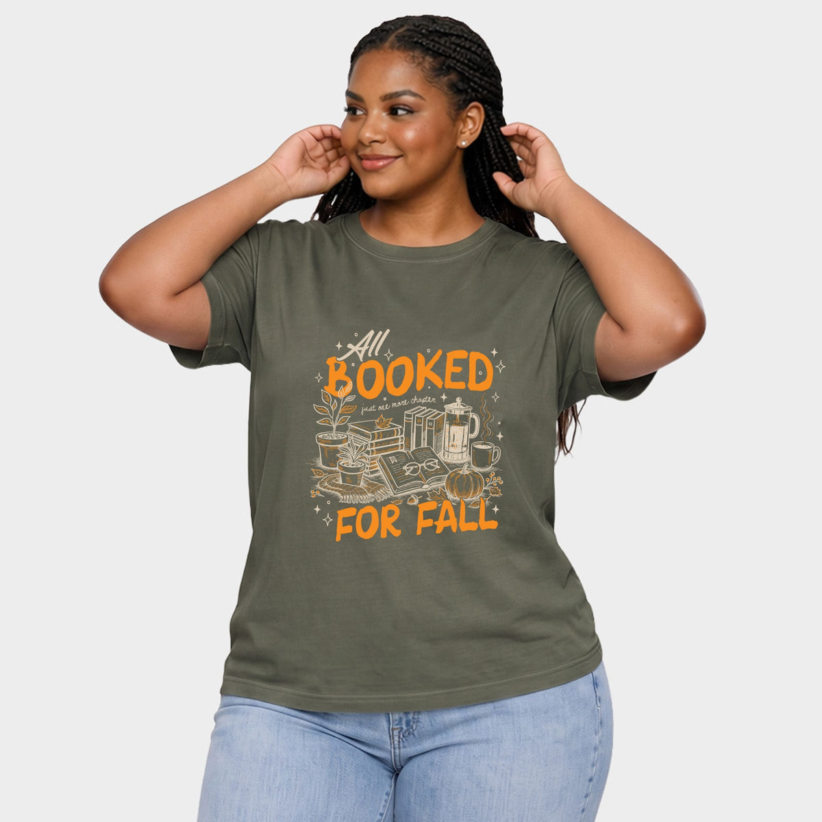 All Booked For Fall - Women's Plus Sized Garment Dyed Graphic T-Shirt