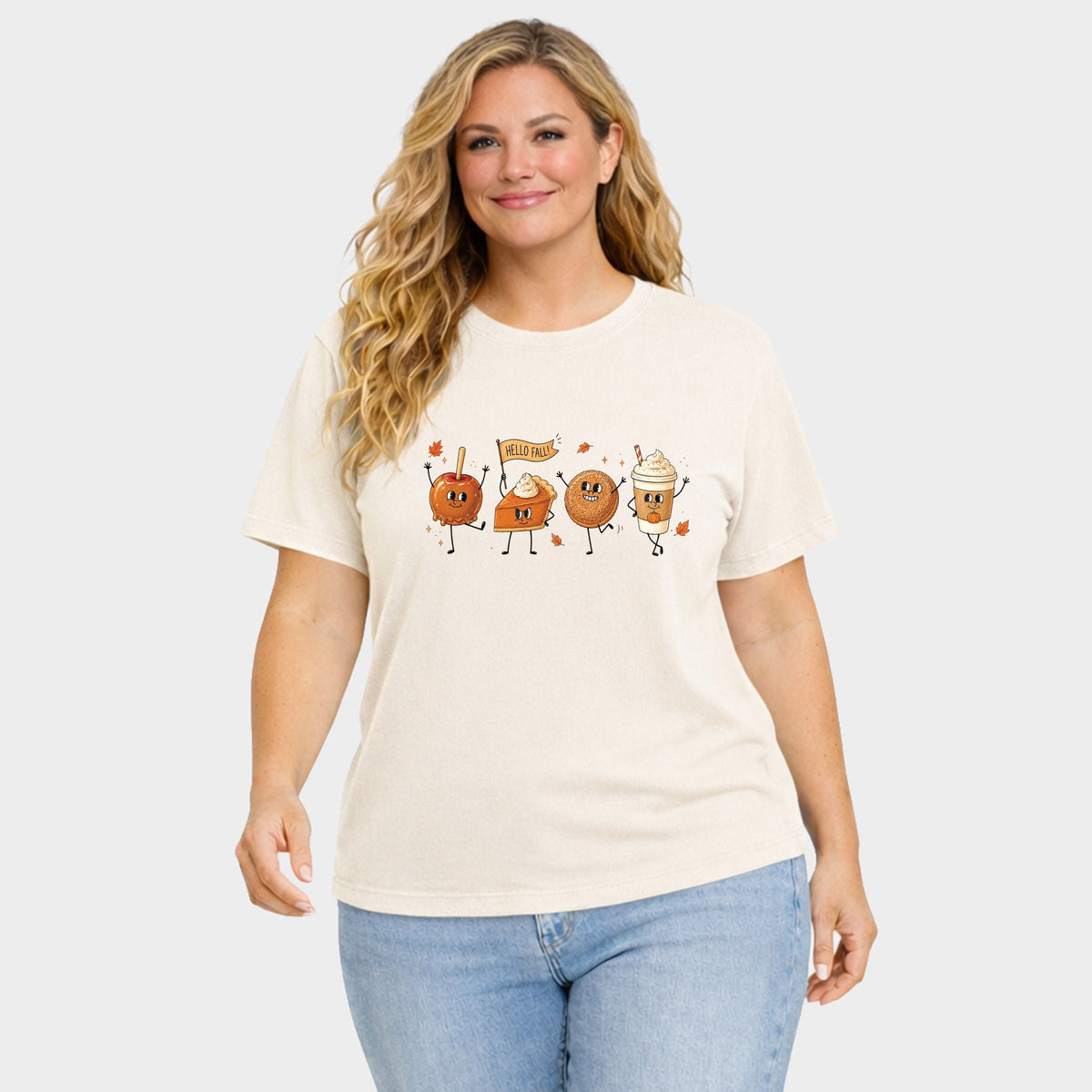 Hello Fall Stick Figures - Women's Plus Sized Garment Dyed Graphic T-Shirt