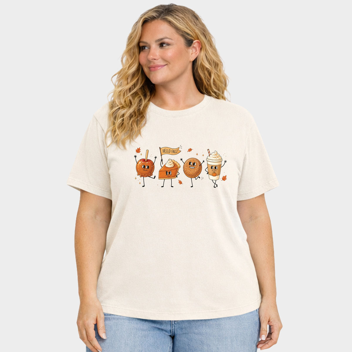 Hello Fall Stick Figures - Women's Plus Sized Garment Dyed Graphic T-Shirt