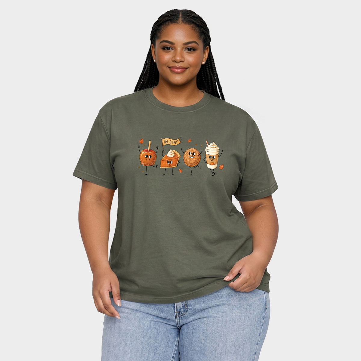 Hello Fall Stick Figures - Women's Plus Sized Garment Dyed Graphic T-Shirt