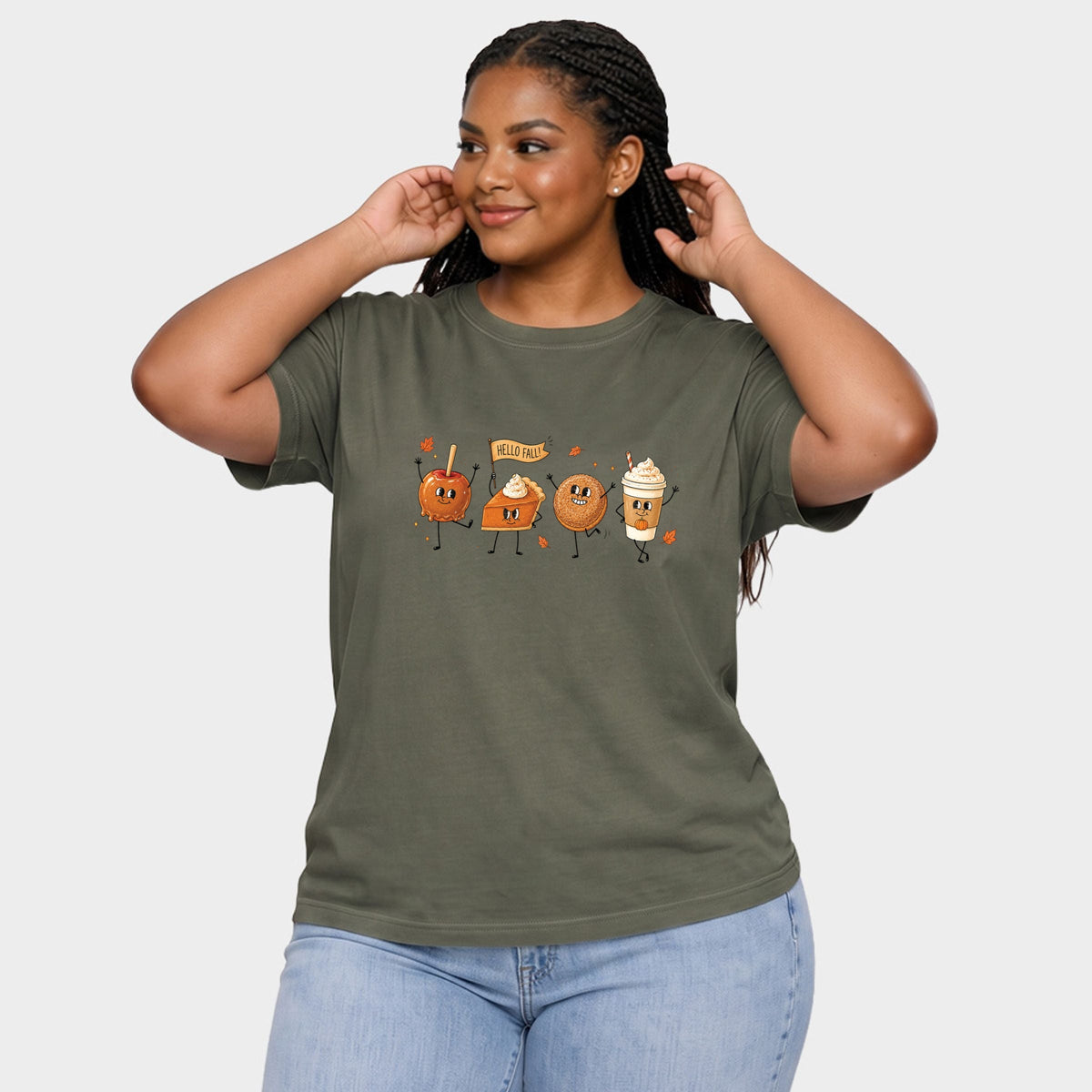 Hello Fall Stick Figures - Women's Plus Sized Garment Dyed Graphic T-Shirt