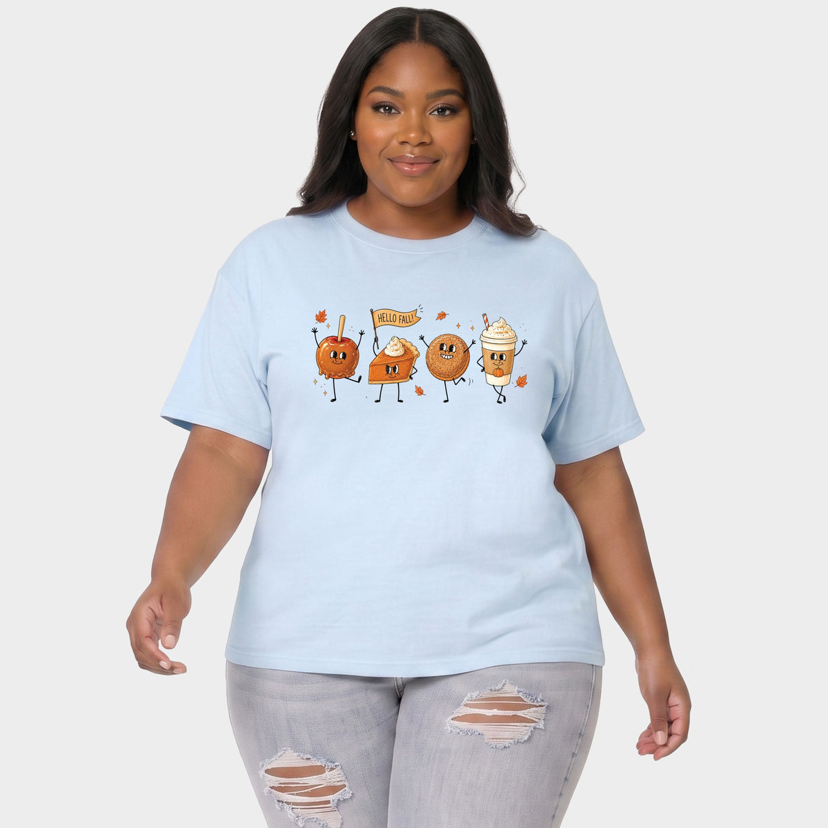 Hello Fall Stick Figures - Women's Plus Sized Garment Dyed Graphic T-Shirt