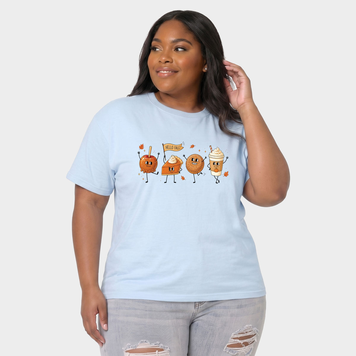 Hello Fall Stick Figures - Women's Plus Sized Garment Dyed Graphic T-Shirt
