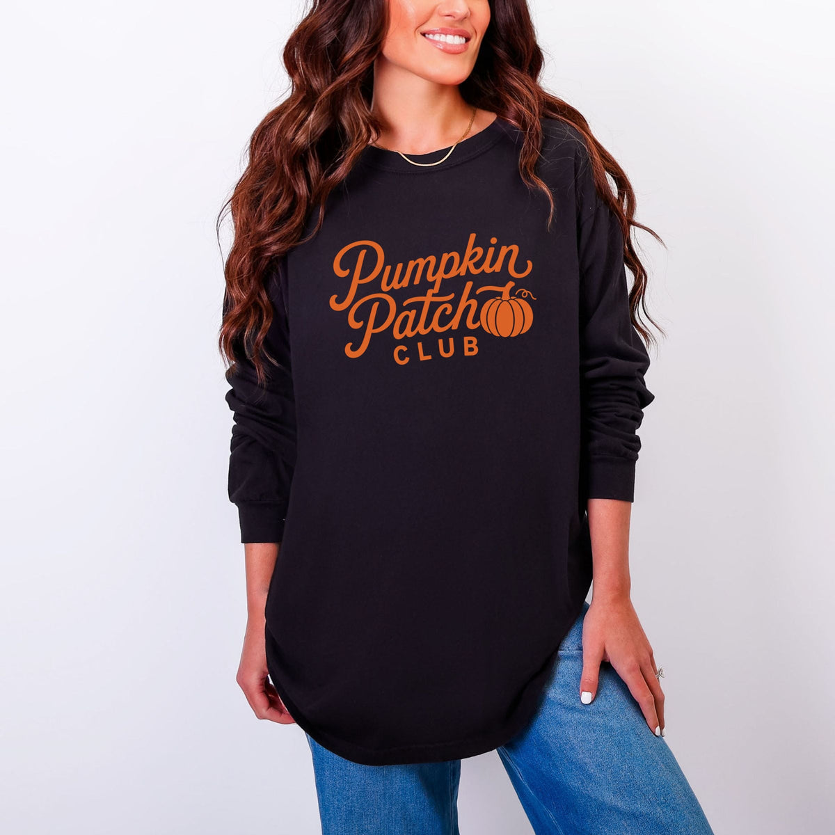 Pumpkin Patch Club Cursive - Women's Garment Dyed Long Sleeve Graphic T-Shirt