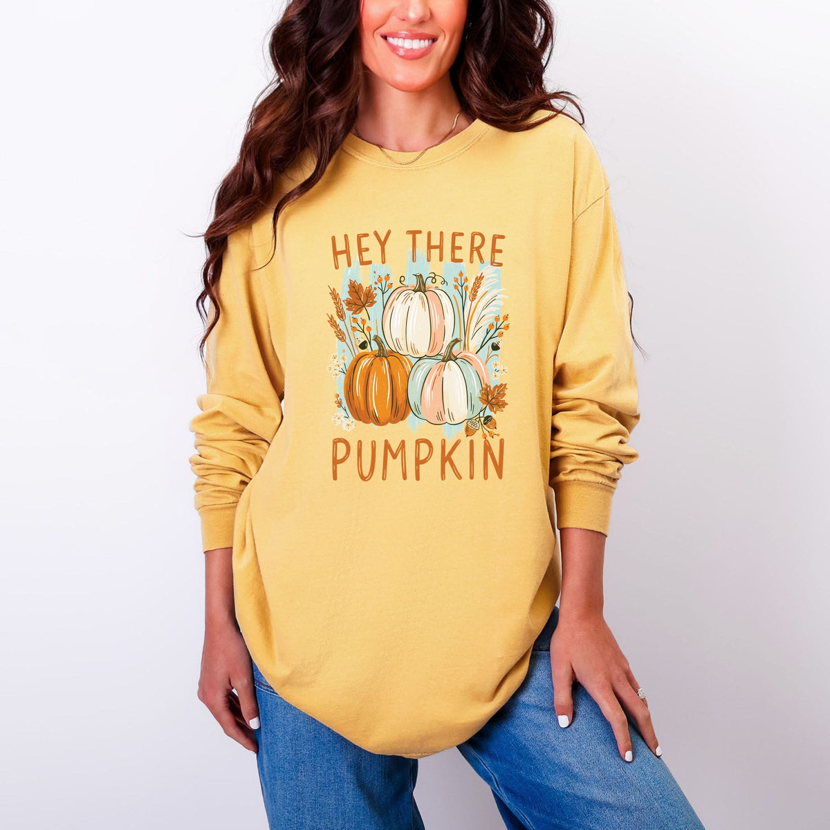 Hey There Pumpkin Fall Foliage - Women's Garment Dyed Long Sleeve Graphic T-Shirt