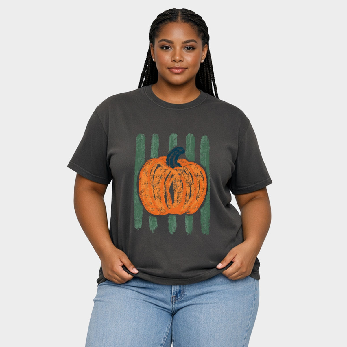 Distressed Pumpkin Stripes - Women's Plus Sized Garment Dyed Graphic T-Shirt