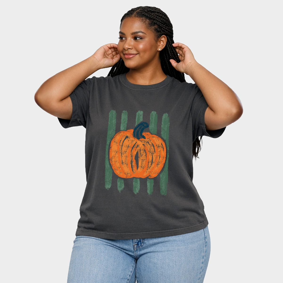 Distressed Pumpkin Stripes - Women's Plus Sized Garment Dyed Graphic T-Shirt
