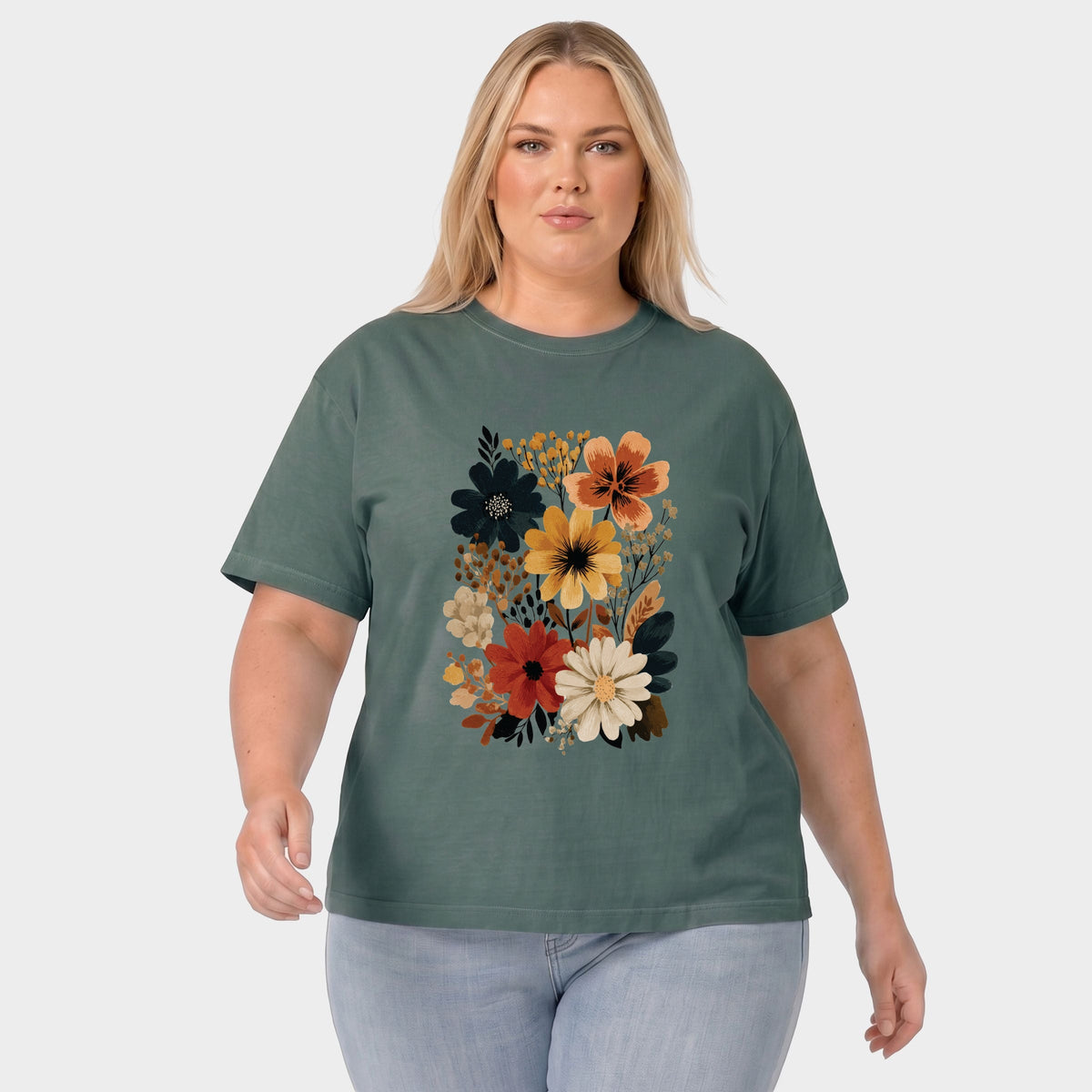 Autumn Floral - Women's Plus Sized Garment Dyed Graphic T-Shirt
