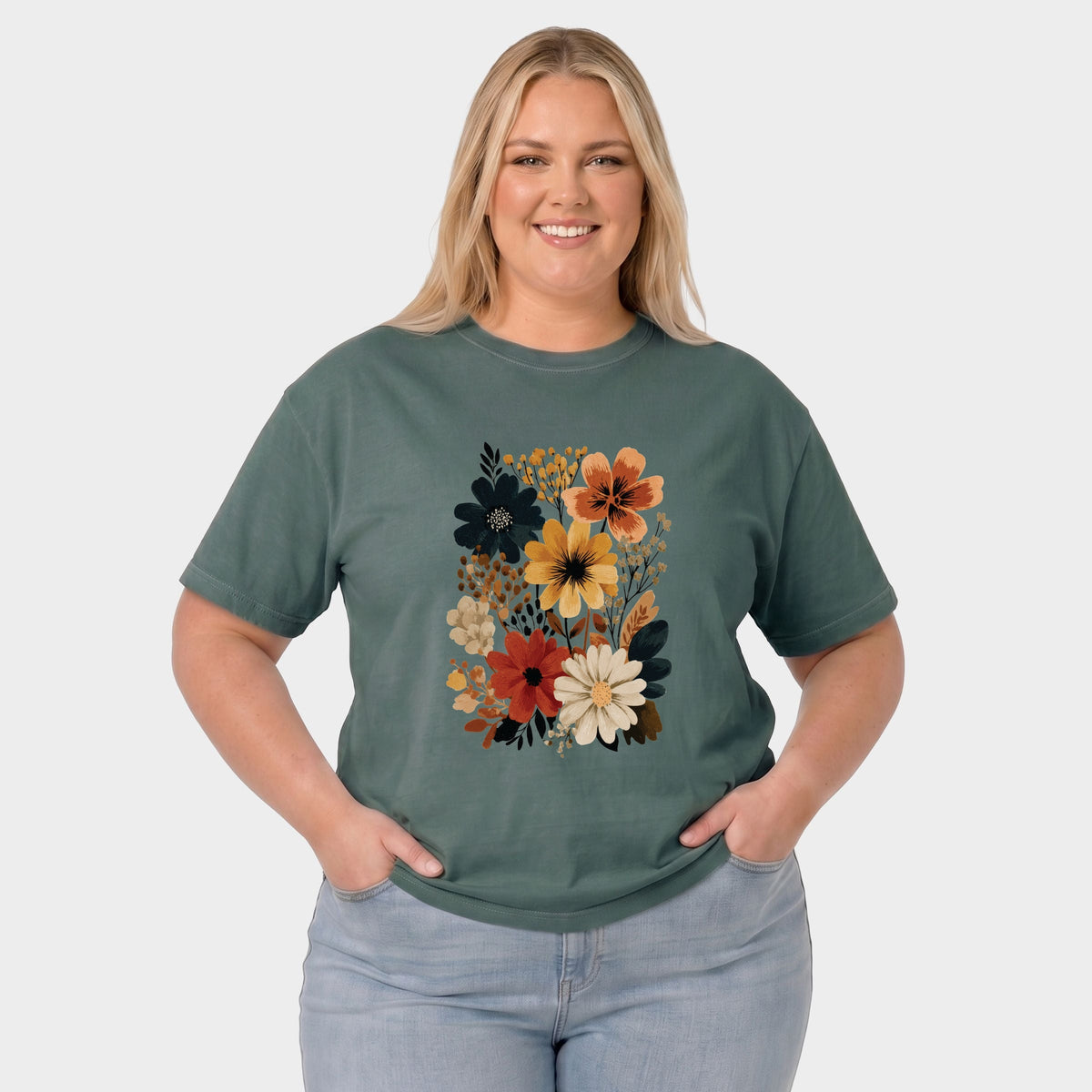Autumn Floral - Women's Plus Sized Garment Dyed Graphic T-Shirt