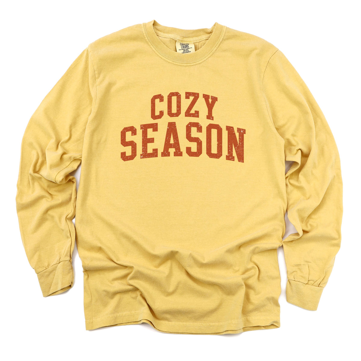 Cozy Season Curved Varsity Stack - Women's Garment Dyed Long Sleeve Graphic T-Shirt