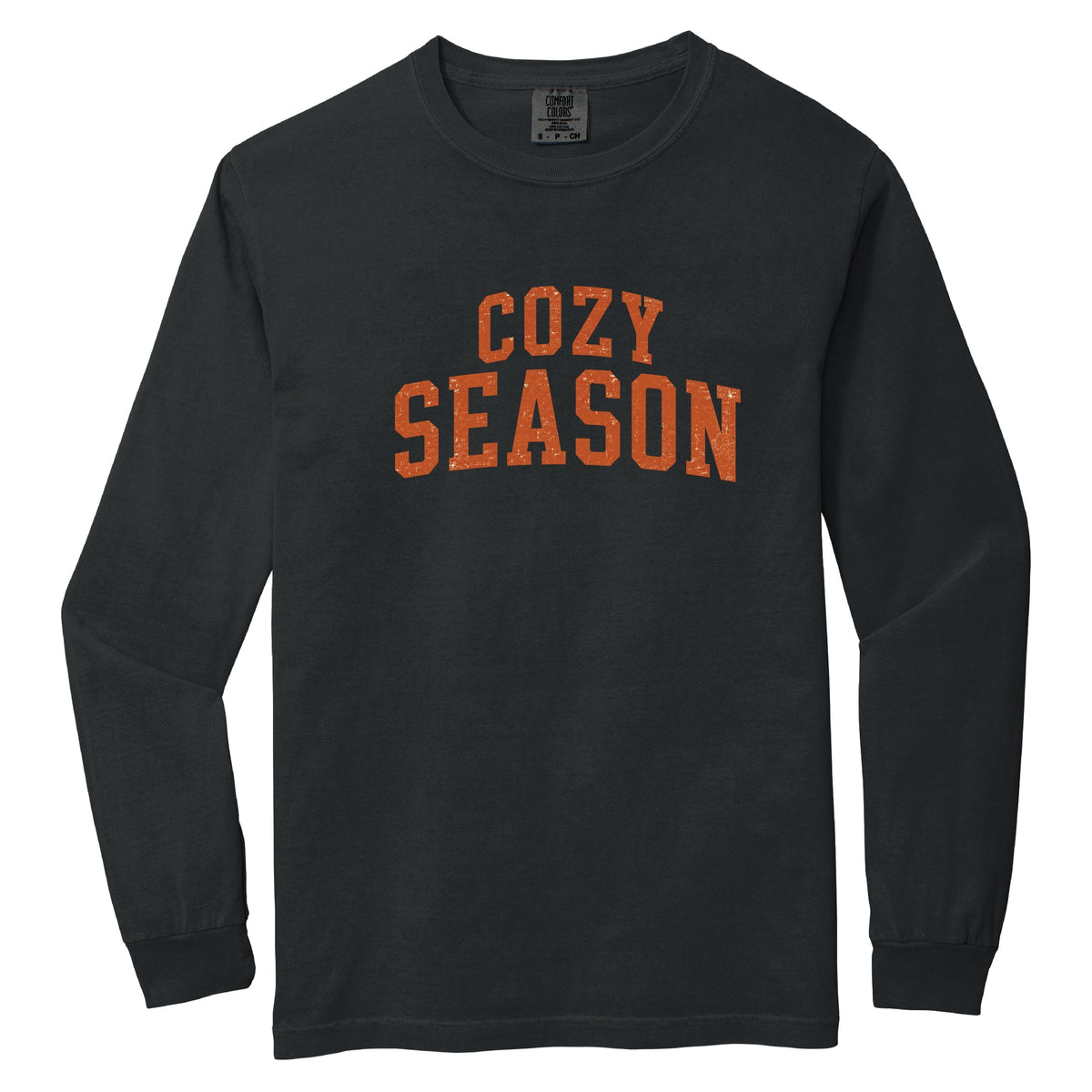 Cozy Season Curved Varsity Stack - Women's Garment Dyed Long Sleeve Graphic T-Shirt