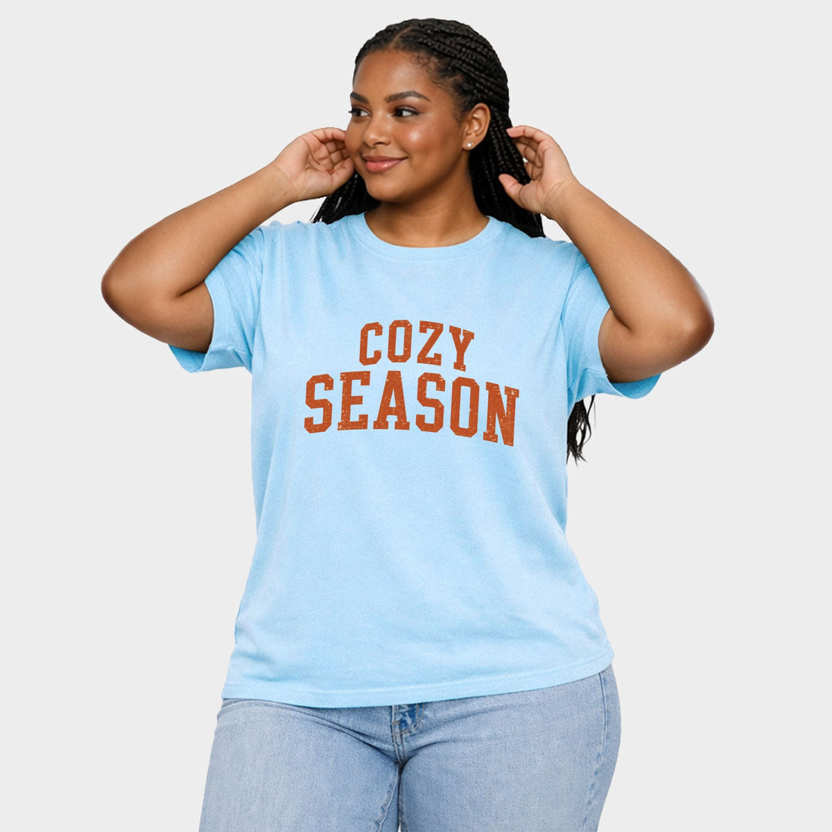 Cozy Season Curved Varsity Stack - Women's Plus Sized Garment Dyed Graphic T-Shirt