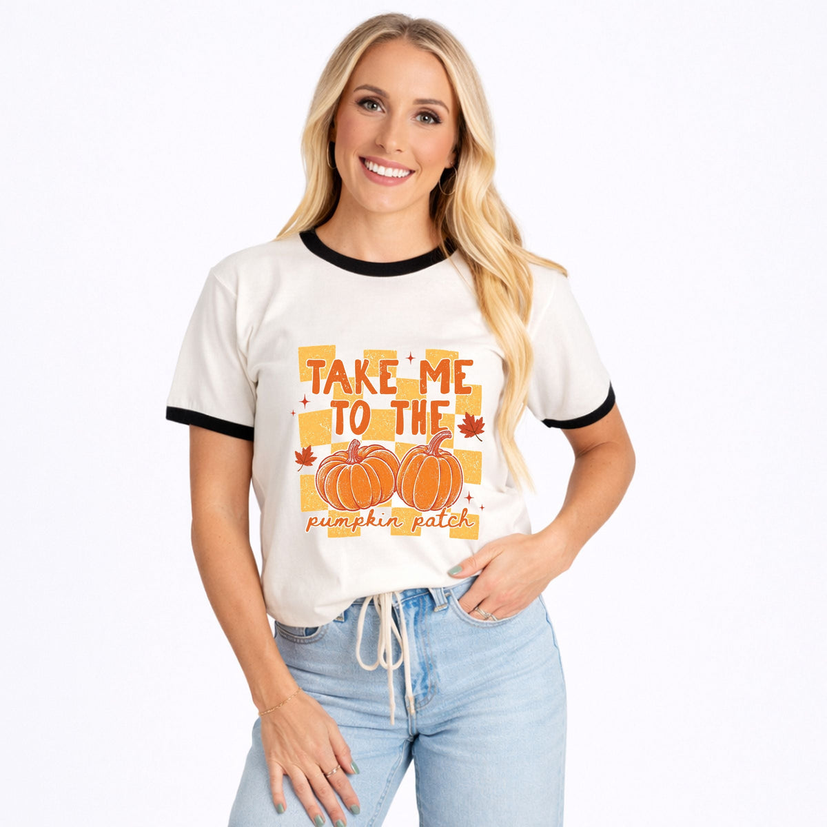 Take me to the Pumpkin Patch Checkered - Women's Ringer Graphic T-Shirt