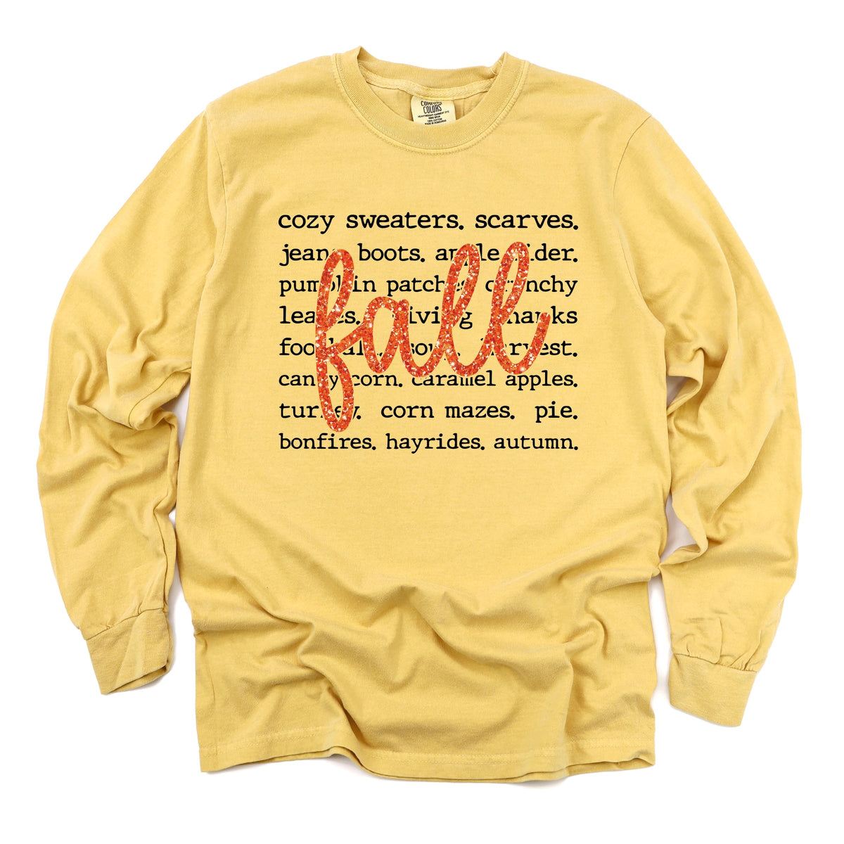 Fall Cursive Text Glitter - Women's Garment Dyed Long Sleeve Graphic T-Shirt
