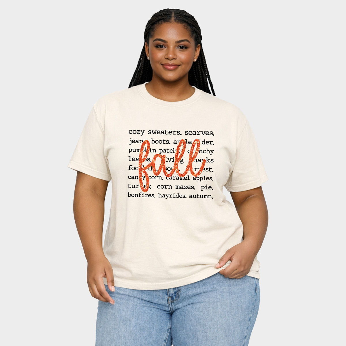 Fall Cursive Text Glitter - Women's Plus Sized Garment Dyed Graphic T-Shirt