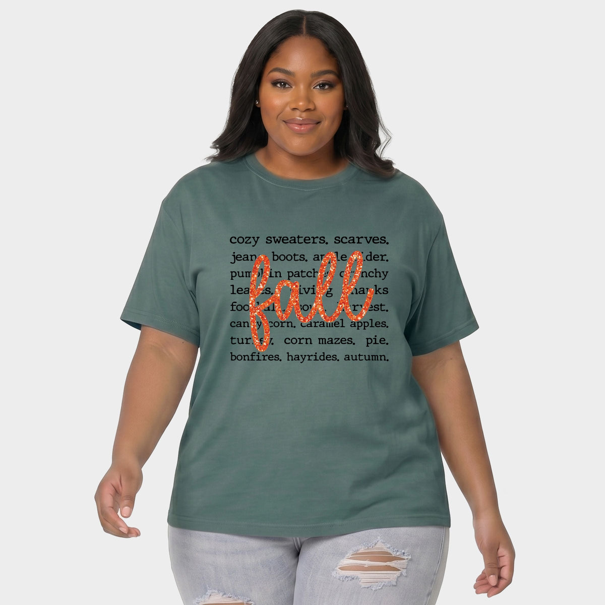 Fall Cursive Text Glitter - Women's Plus Sized Garment Dyed Graphic T-Shirt