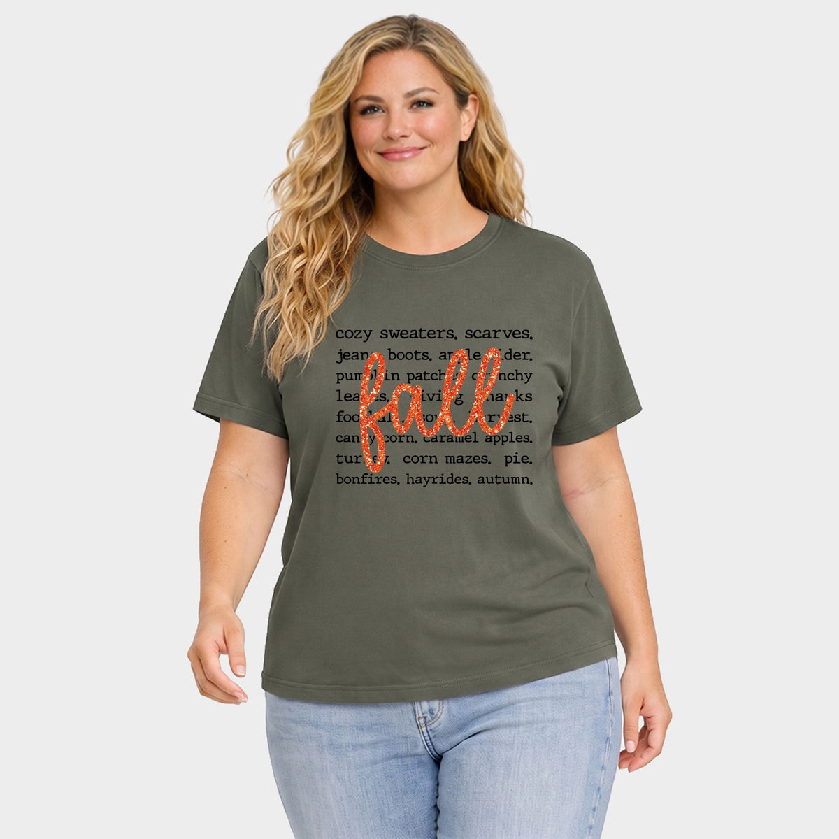 Fall Cursive Text Glitter - Women's Plus Sized Garment Dyed Graphic T-Shirt