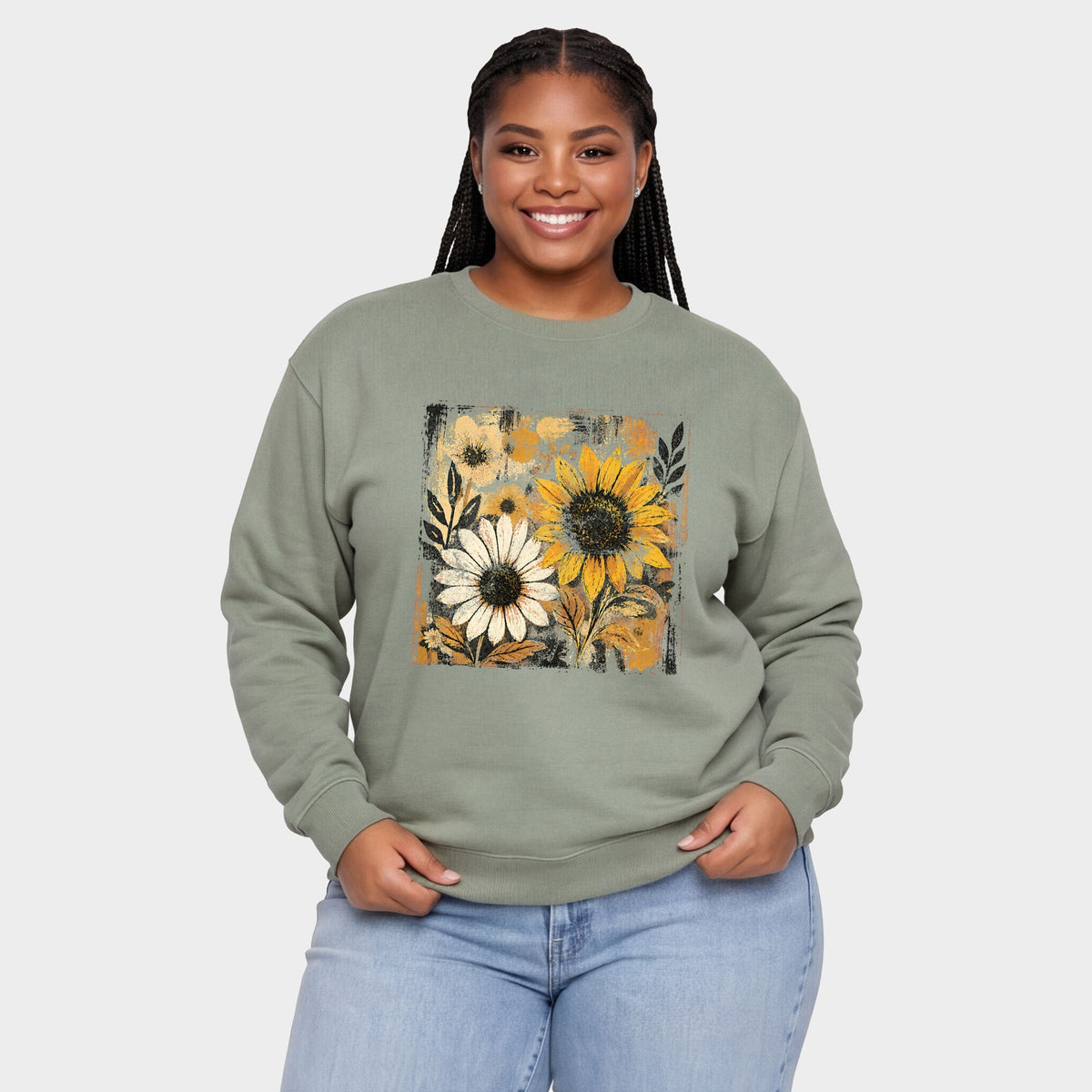 Fall Sunflowers Distressed - Women's Plus Sized Graphic Sweatshirt