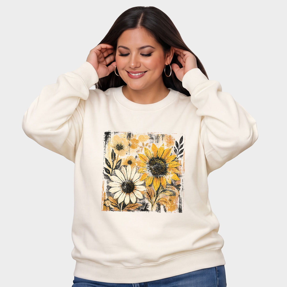 Fall Sunflowers Distressed - Women's Plus Sized Graphic Sweatshirt