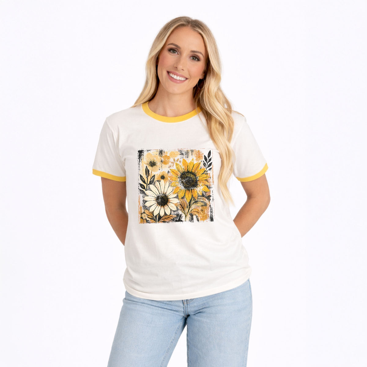 Fall Sunflowers Distressed - Women's Ringer Graphic T-Shirt