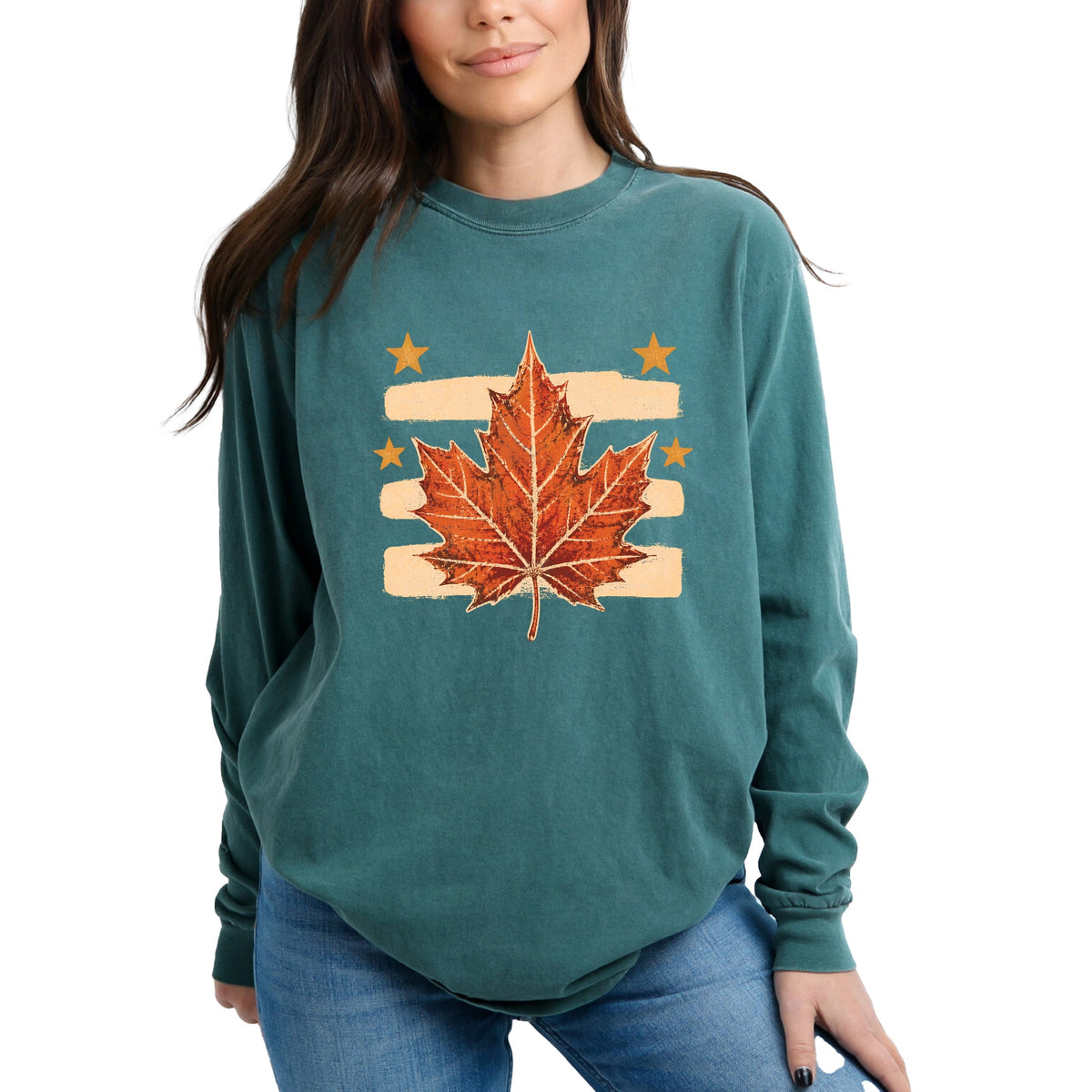 Fall Leaf Stripes - Women's Garment Dyed Long Sleeve Graphic T-Shirt