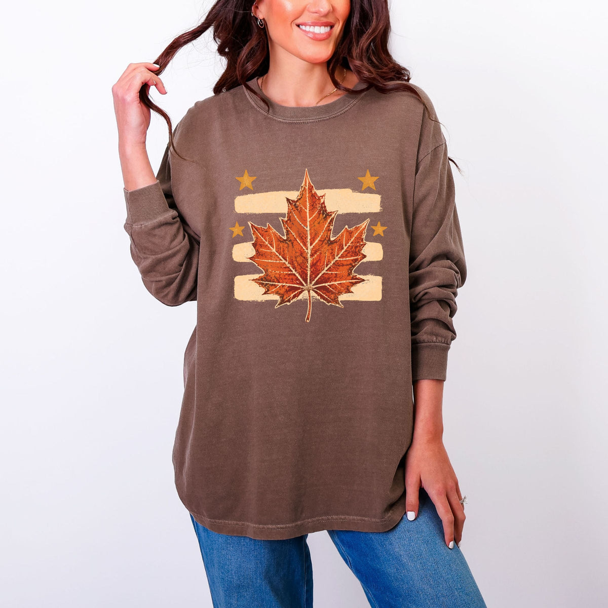 Fall Leaf Stripes - Women's Garment Dyed Long Sleeve Graphic T-Shirt