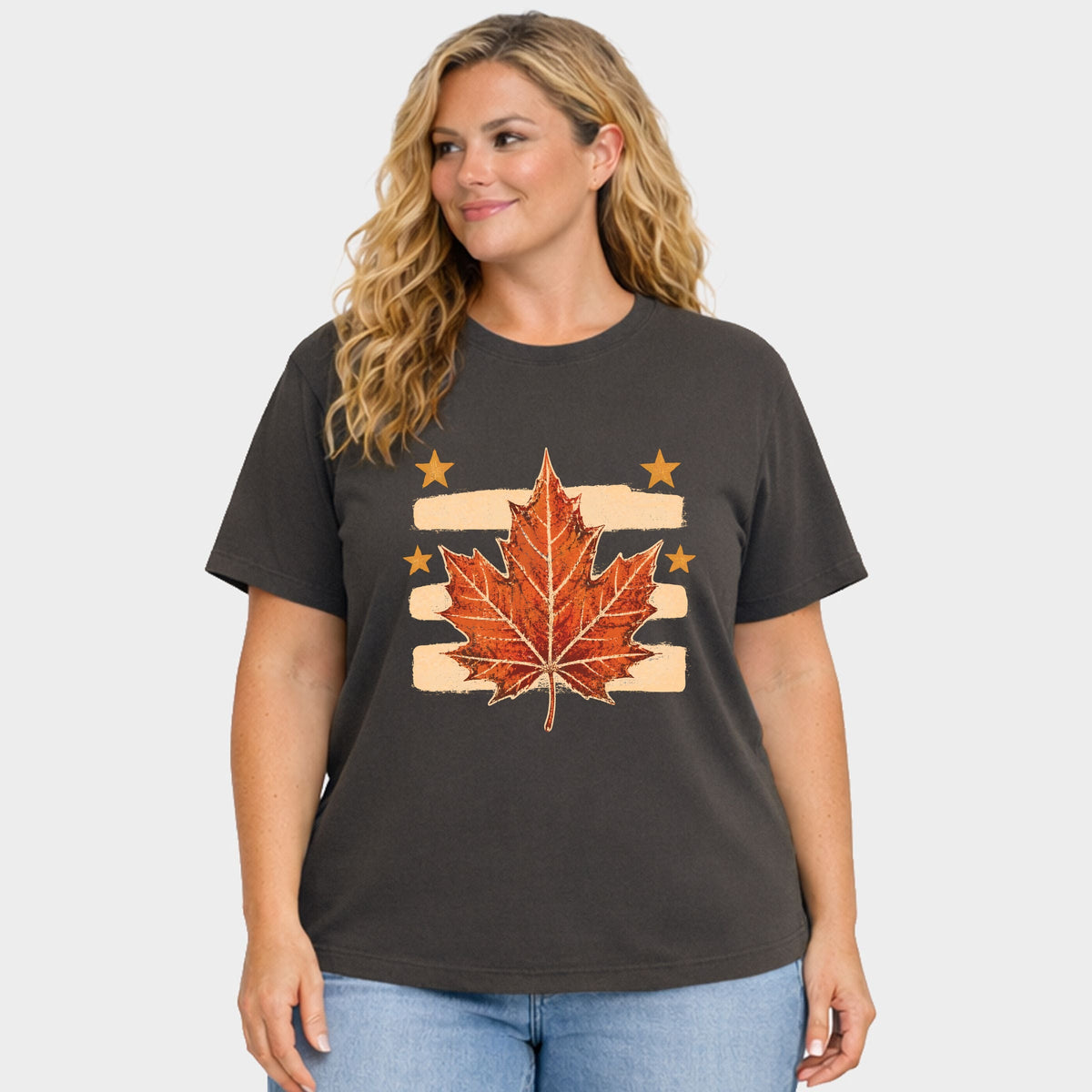 Fall Leaf Stripes - Women's Plus Sized Garment Dyed Graphic T-Shirt