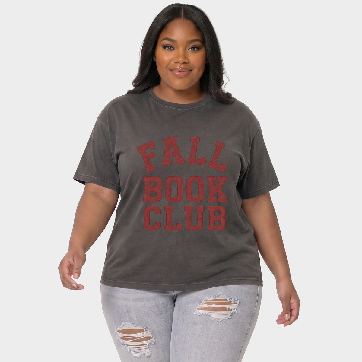 Fall Book Club Varsity - Women's Plus Sized Garment Dyed Graphic T-Shirt