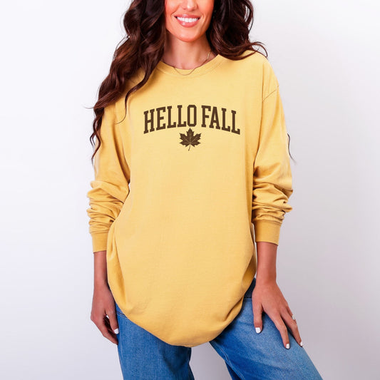 Hello Fall Leaf - Women's Garment Dyed Long Sleeve Graphic T-Shirt