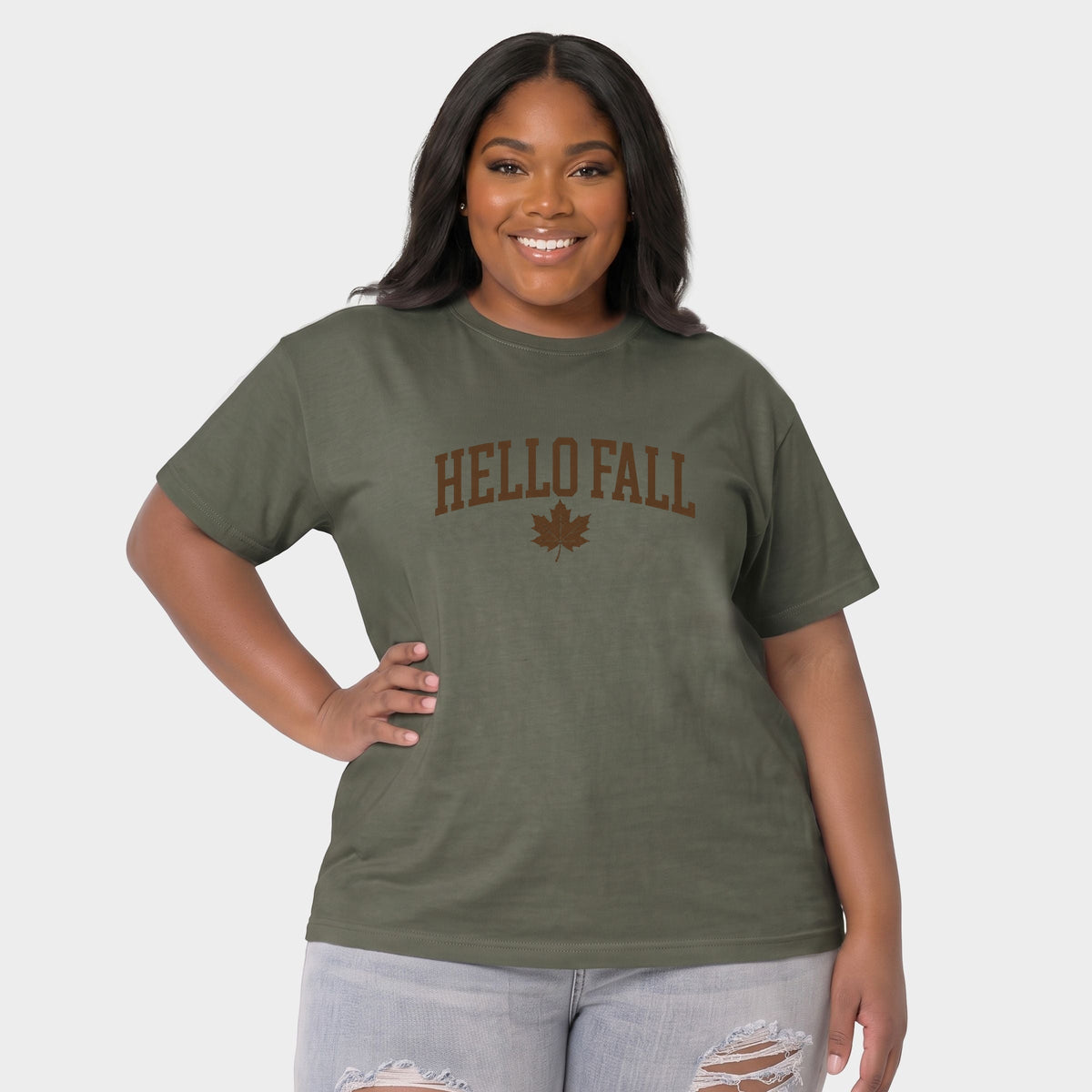 Hello Fall Leaf - Women's Plus Sized Garment Dyed Graphic T-Shirt