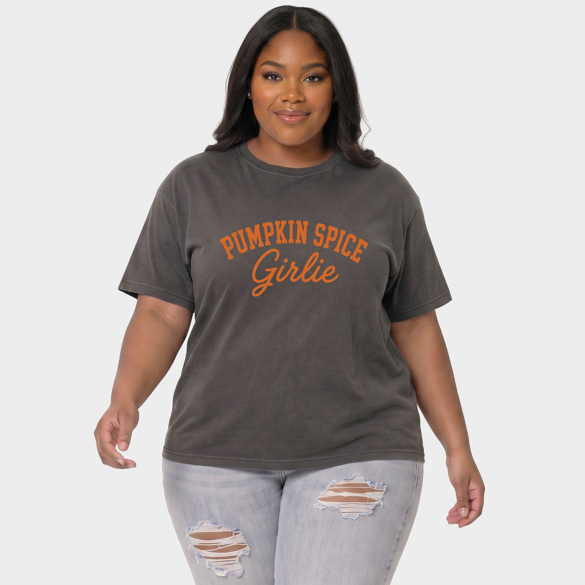 Pumpkin Spice Girlie - Women's Plus Sized Garment Dyed Graphic T-Shirt