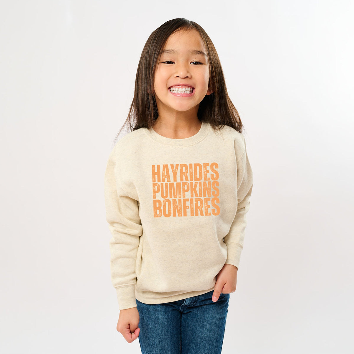 Hayrides Pumpkins Bonfires Distressed - Youth Graphic Sweatshirt