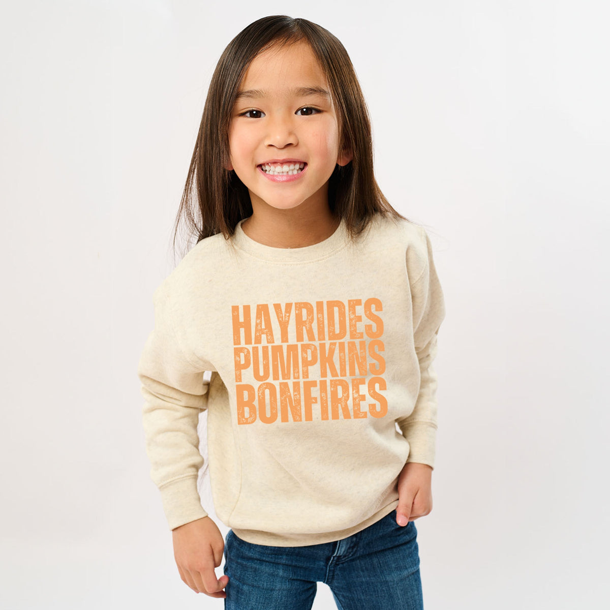 Hayrides Pumpkins Bonfires Distressed - Youth Graphic Sweatshirt