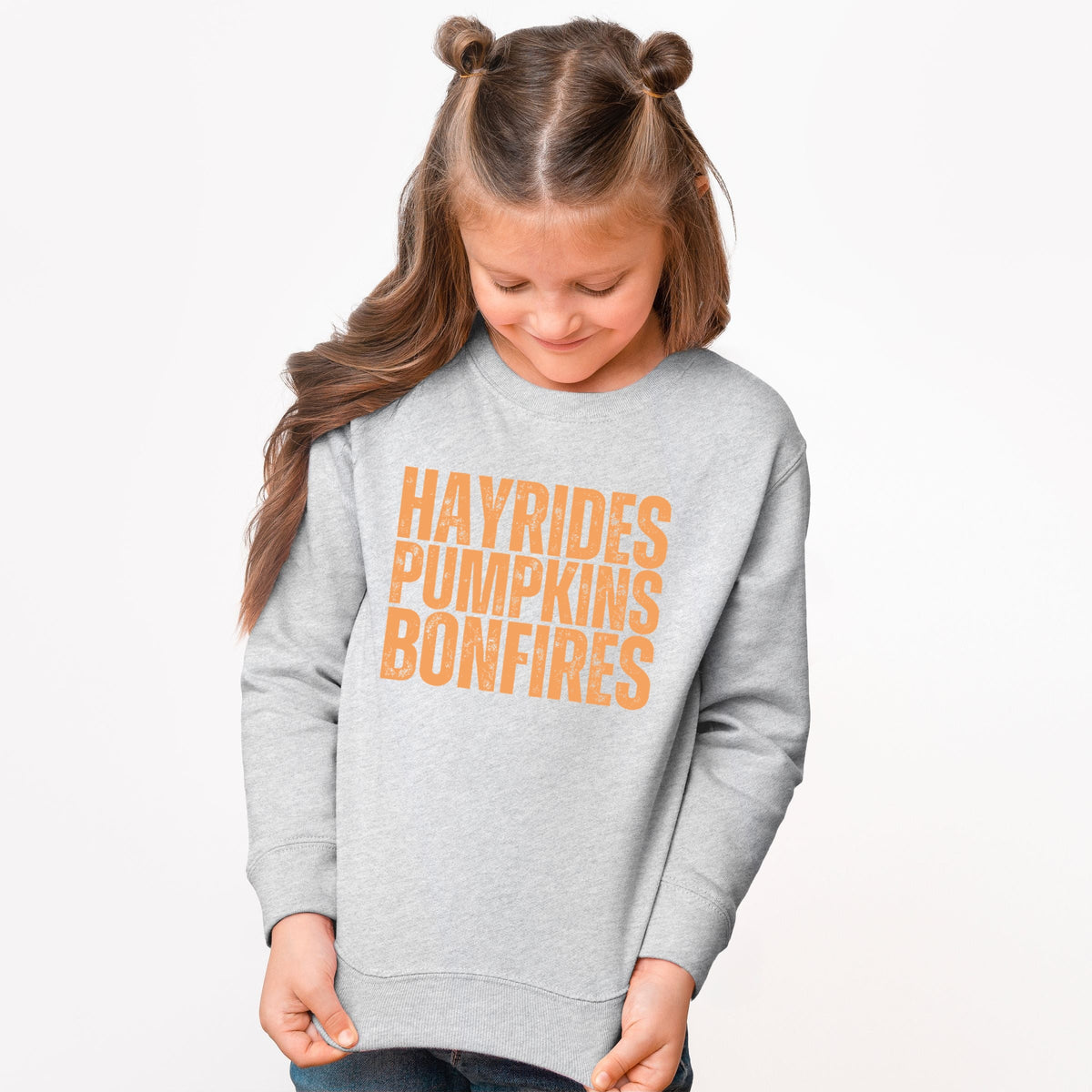 Hayrides Pumpkins Bonfires Distressed - Youth Graphic Sweatshirt