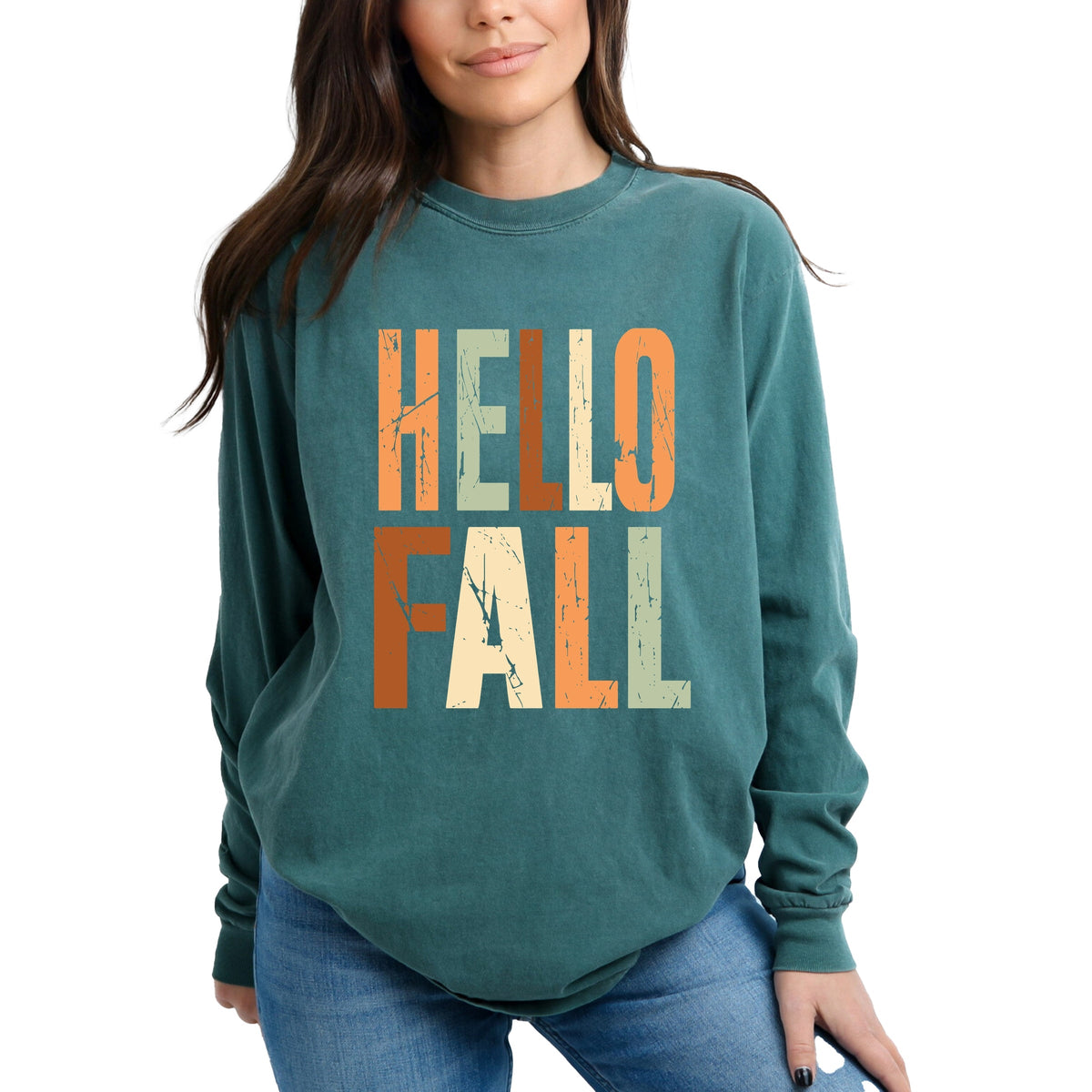 Hello Fall Autumn Colors - Women's Garment Dyed Long Sleeve Graphic T-Shirt
