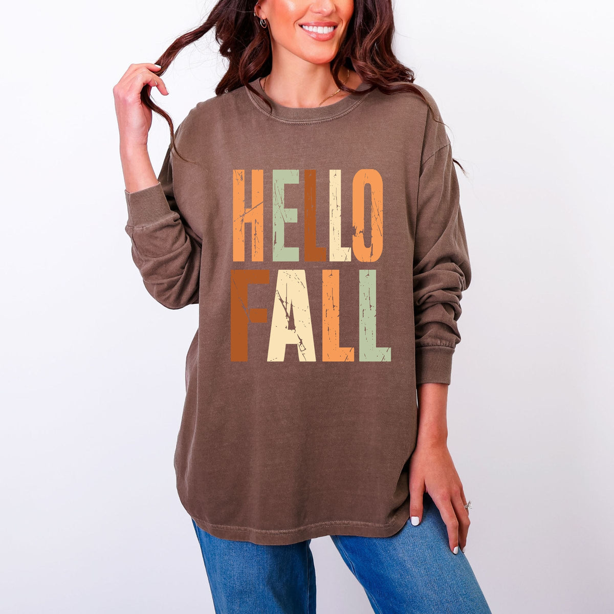 Hello Fall Autumn Colors - Women's Garment Dyed Long Sleeve Graphic T-Shirt