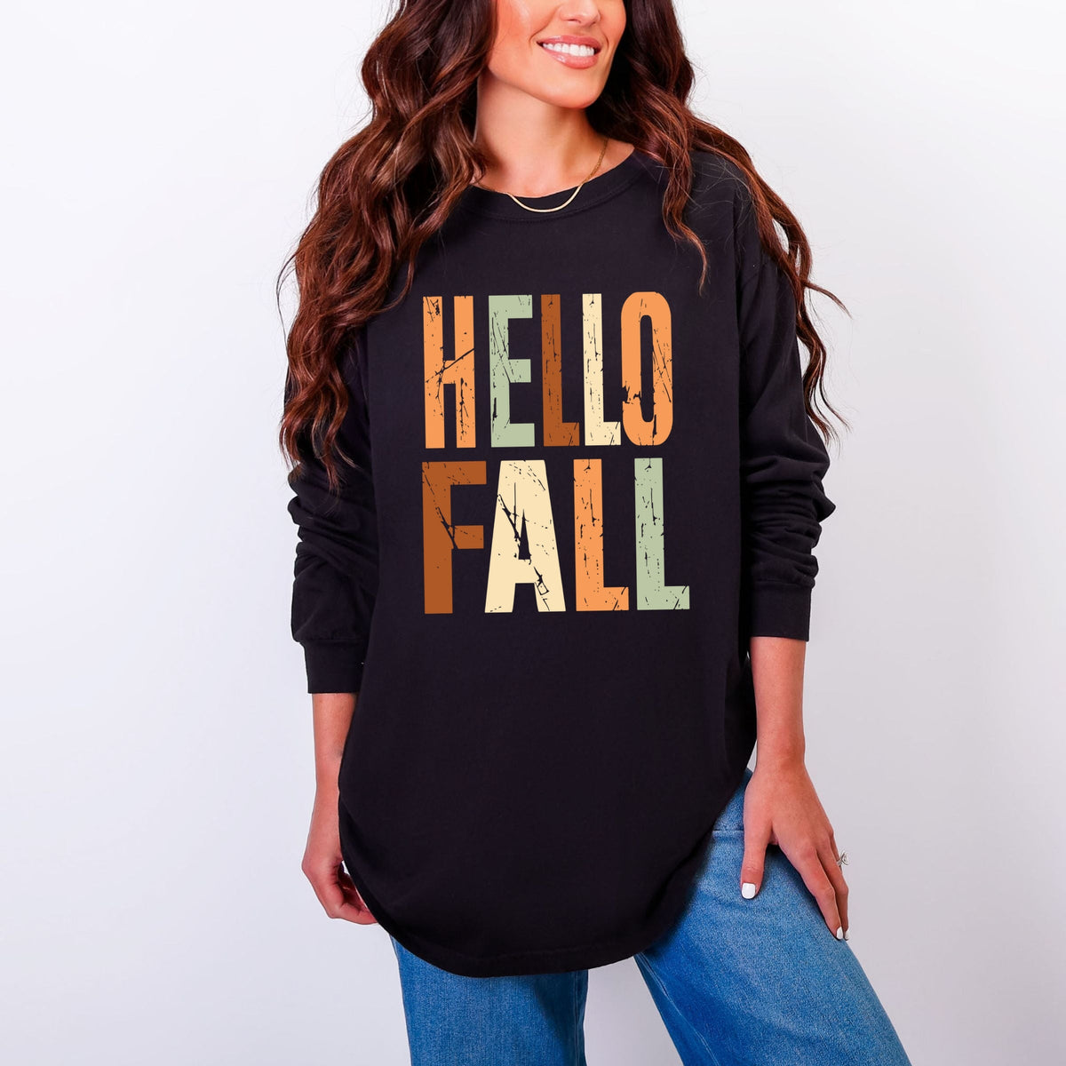Hello Fall Autumn Colors - Women's Garment Dyed Long Sleeve Graphic T-Shirt