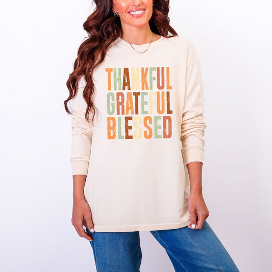 Thankful Grateful Blessed Fall Colors - Women's Garment Dyed Long Sleeve Graphic T-Shirt