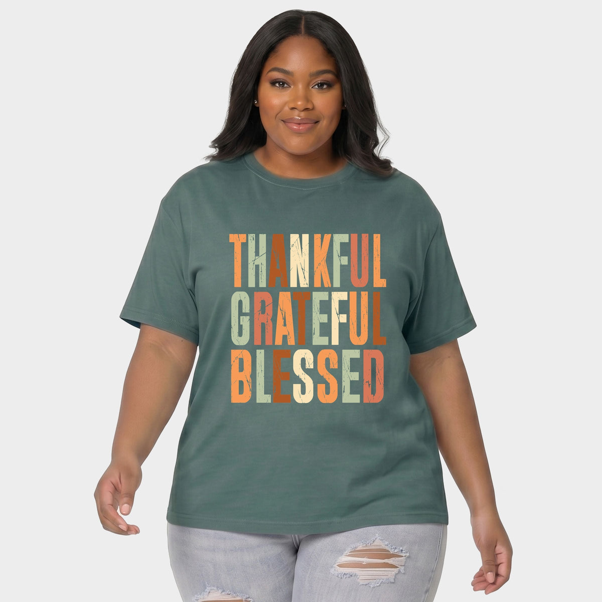 Thankful Grateful Blessed Fall Colors - Women's Plus Garment Dyed Tee