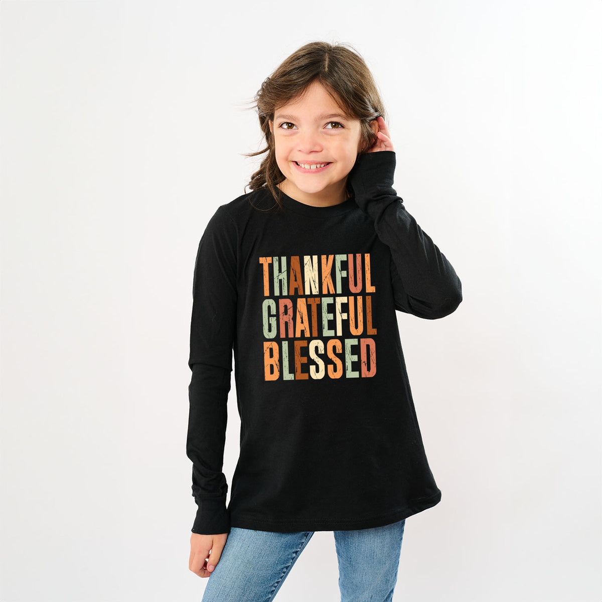 Thankful Grateful Blessed Fall Colors - Youth Long Sleeve Graphic T-Shirt