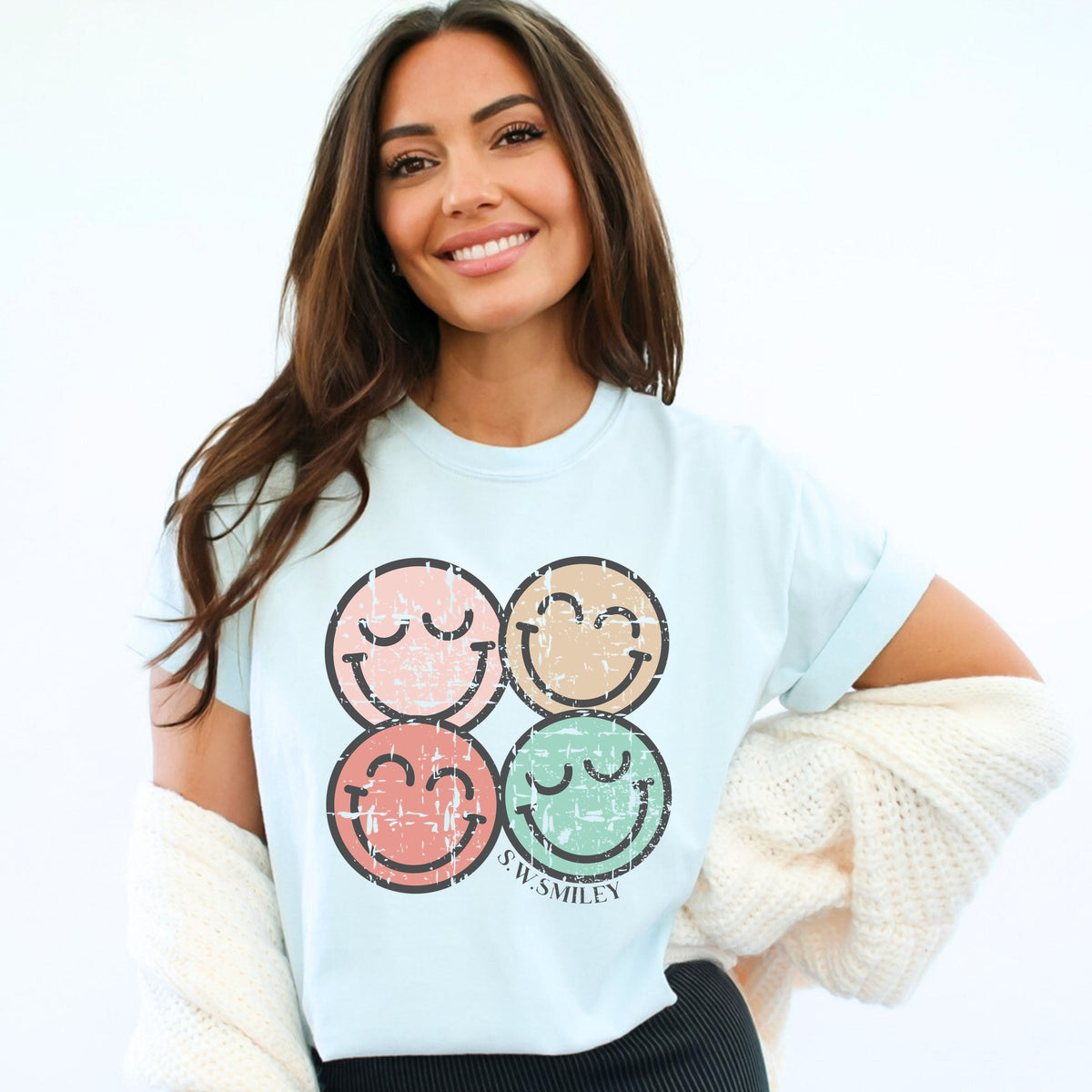 S.W.Smiley Smiley Face Grunge - Women's Garment Dyed Graphic T-Shirt