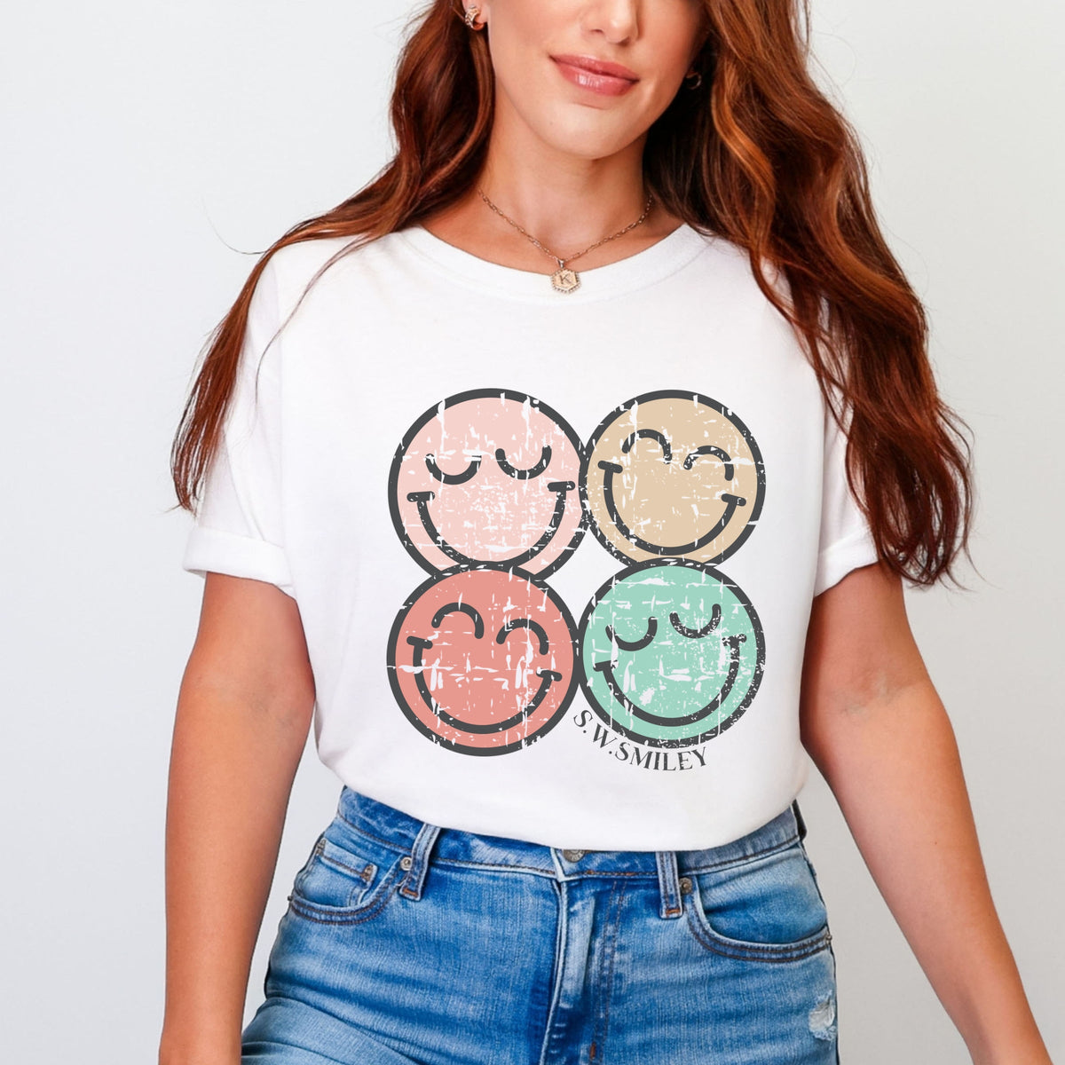 S.W.Smiley Smiley Face Grunge - Women's Garment Dyed Graphic T-Shirt