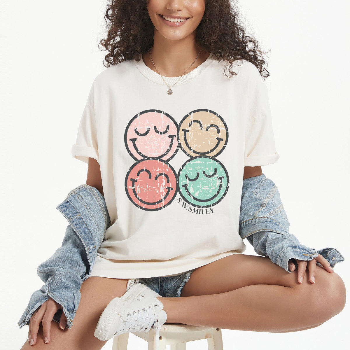 S.W.Smiley Smiley Face Grunge - Women's Garment Dyed Graphic T-Shirt