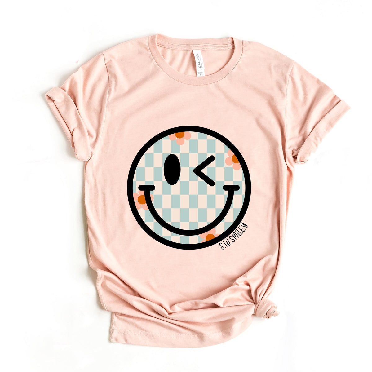 S.W.Smiley Checkered Smiley Face - Women's Short Sleeve Graphic T-Shirt