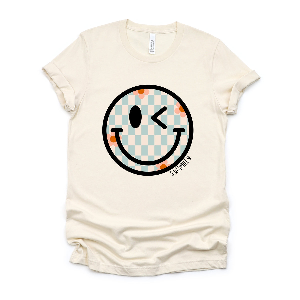 S.W.Smiley Checkered Smiley Face - Women's Short Sleeve Graphic T-Shirt